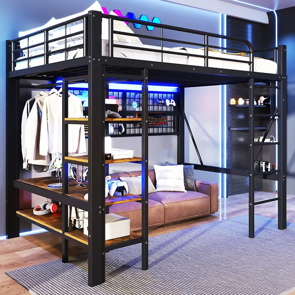 Enfant Seyakany Lit mezzanine en fer 140 x 200 cm avec bande lumineuse LED, compartiment de rangement, tringle à vêtements, sans matelas, noir