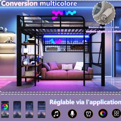Enfant Seyakany Lit mezzanine en fer 140 x 200 cm avec bande lumineuse LED, compartiment de rangement, tringle à vêtements, sans matelas, noir