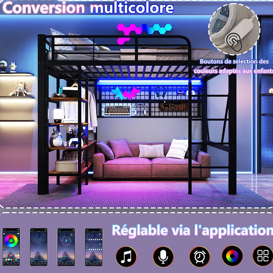 Enfant Seyakany Lit mezzanine en fer 140 x 200 cm avec bande lumineuse LED, compartiment de rangement, tringle à vêtements, sans matelas, noir