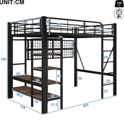 Enfant Seyakany Lit mezzanine en fer 140 x 200 cm avec bande lumineuse LED, compartiment de rangement, tringle à vêtements, sans matelas, noir
