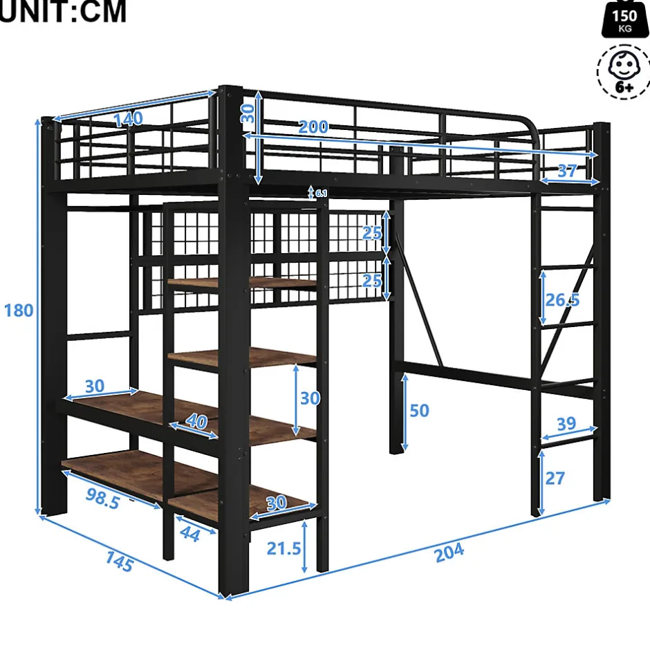 Enfant Seyakany Lit mezzanine en fer 140 x 200 cm avec bande lumineuse LED, compartiment de rangement, tringle à vêtements, sans matelas, noir