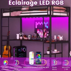 Giantex Lit Mezzanine en Métal avec Échelle 200X90CM avec Station de Charge Lumières Ambiance et Bureau Angle L 3 Étagères Noir