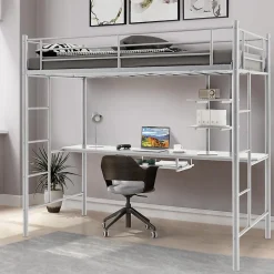 Giantex Lit Mezzanine en Métal avec Bureau, Lit Superposé 2 en 1 avec Poste de Travail, 2 Échelles et Garde-Corps, Blanc Clearance