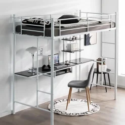 Giantex Lit Mezzanine en Métal avec Bureau, Lit Superposé 2 en 1 avec Poste de Travail, 2 Échelles et Garde-Corps, Blanc Clearance