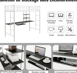 Giantex Lit Mezzanine en Métal avec Bureau, Lit Superposé 2 en 1 avec Poste de Travail, 2 Échelles et Garde-Corps, Blanc Clearance