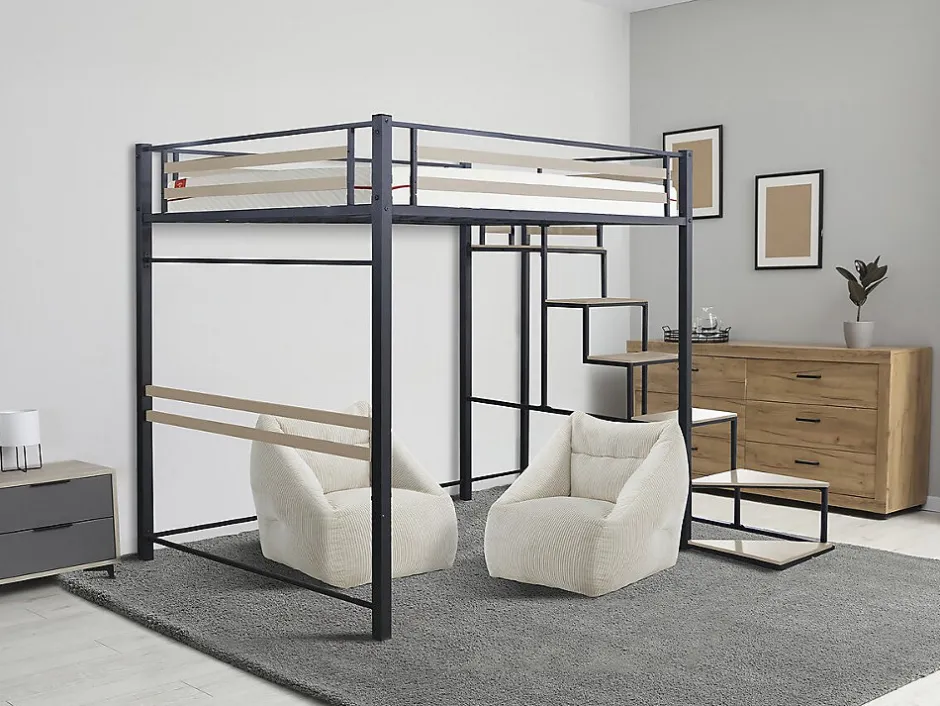 Enfant Habitat Et Jardin Lit mezzanine en métal avec escalier "LENA" 140 x 190 cm Noir