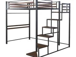 Enfant Habitat Et Jardin Lit mezzanine en métal avec escalier "LENA" 140 x 190 cm Noir et marron noyer