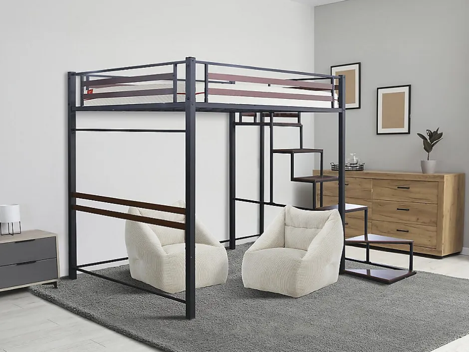 Enfant Habitat Et Jardin Lit mezzanine en métal avec escalier "LENA" 140 x 190 cm Noir et marron noyer