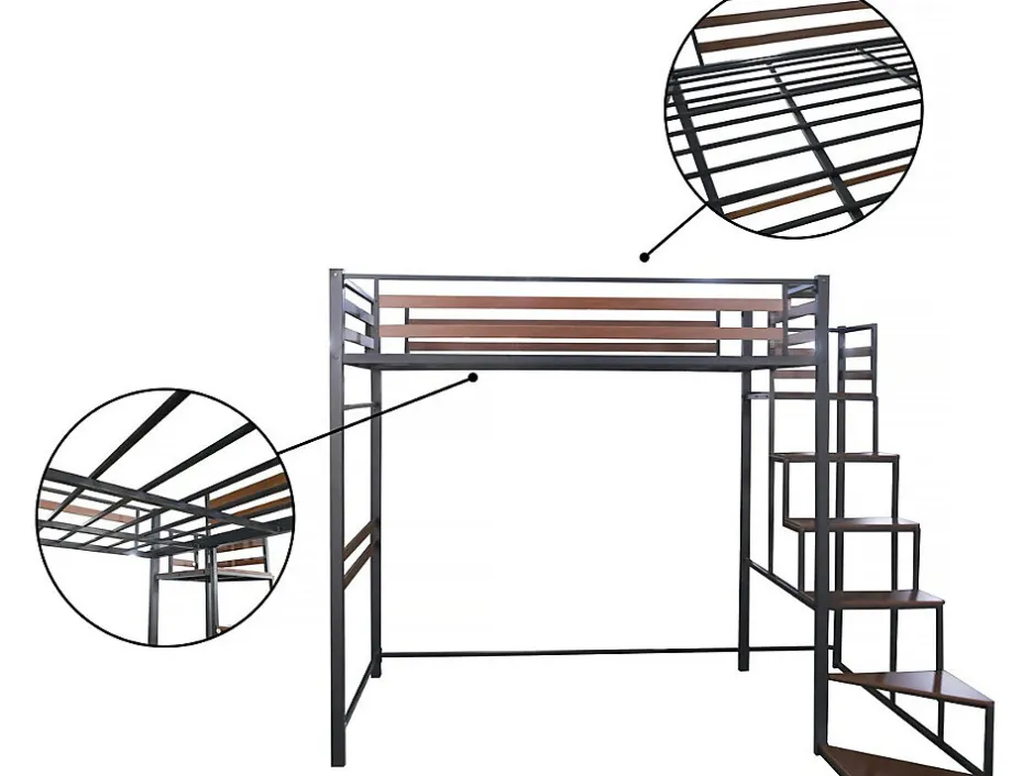 Enfant Habitat Et Jardin Lit mezzanine en métal avec escalier "LENA" 140 x 190 cm Noir et marron noyer