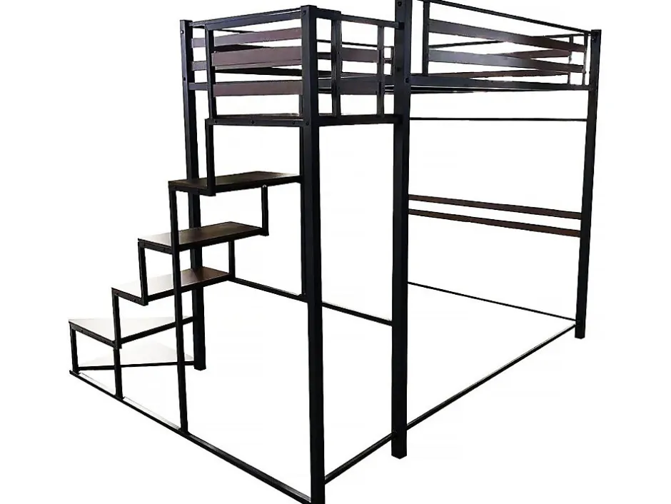 Enfant Habitat Et Jardin Lit mezzanine en métal avec escalier "LENA" 140 x 190 cm Noir et marron noyer