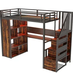 ModernLuxe Lit mezzanine en métal 90x200 cm avec armoire et bureau - avec LED - compartiments de rangement - noir (sans matelas) Clearance