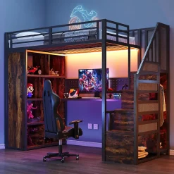 ModernLuxe Lit mezzanine en métal 90x200 cm avec armoire et bureau - avec LED - compartiments de rangement - noir (sans matelas) Clearance