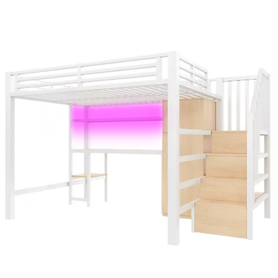 ModernLuxe Lit mezzanine en métal 140x200 cm - Éclairage LED - Bureau et penderie intégrés - Étagères et échelle de rangement - MDF - Blanc New