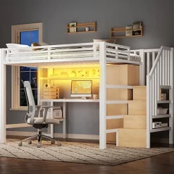 ModernLuxe Lit mezzanine en métal 140x200 cm - Éclairage LED - Bureau et penderie intégrés - Étagères et échelle de rangement - MDF - Blanc New