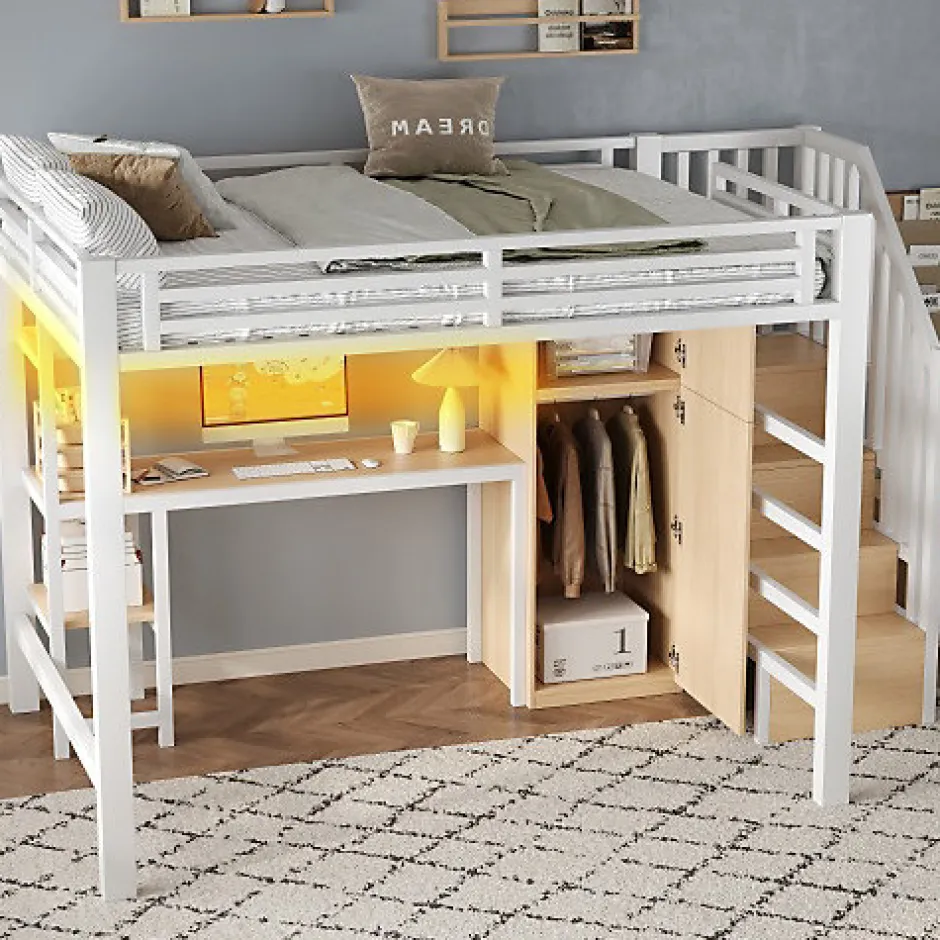 ModernLuxe Lit mezzanine en métal 140x200 cm - Éclairage LED - Bureau et penderie intégrés - Étagères et échelle de rangement - MDF - Blanc New