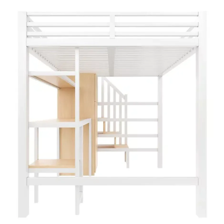 ModernLuxe Lit mezzanine en métal 140x200 cm - Éclairage LED - Bureau et penderie intégrés - Étagères et échelle de rangement - MDF - Blanc New