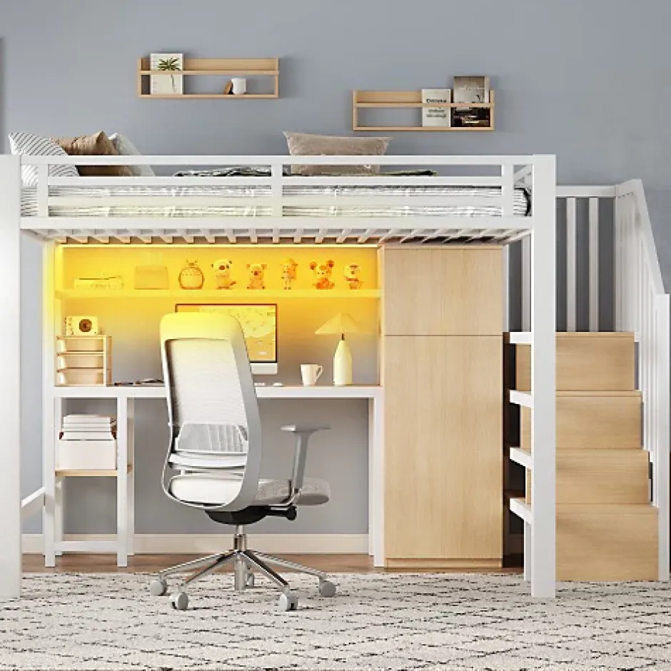ModernLuxe Lit mezzanine en métal 140x200 cm - Éclairage LED - Bureau et penderie intégrés - Étagères et échelle de rangement - MDF - Blanc New