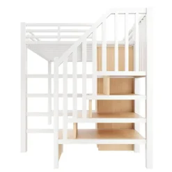 ModernLuxe Lit mezzanine en métal 140x200 cm - Éclairage LED - Bureau et penderie intégrés - Étagères et échelle de rangement - MDF - Blanc New