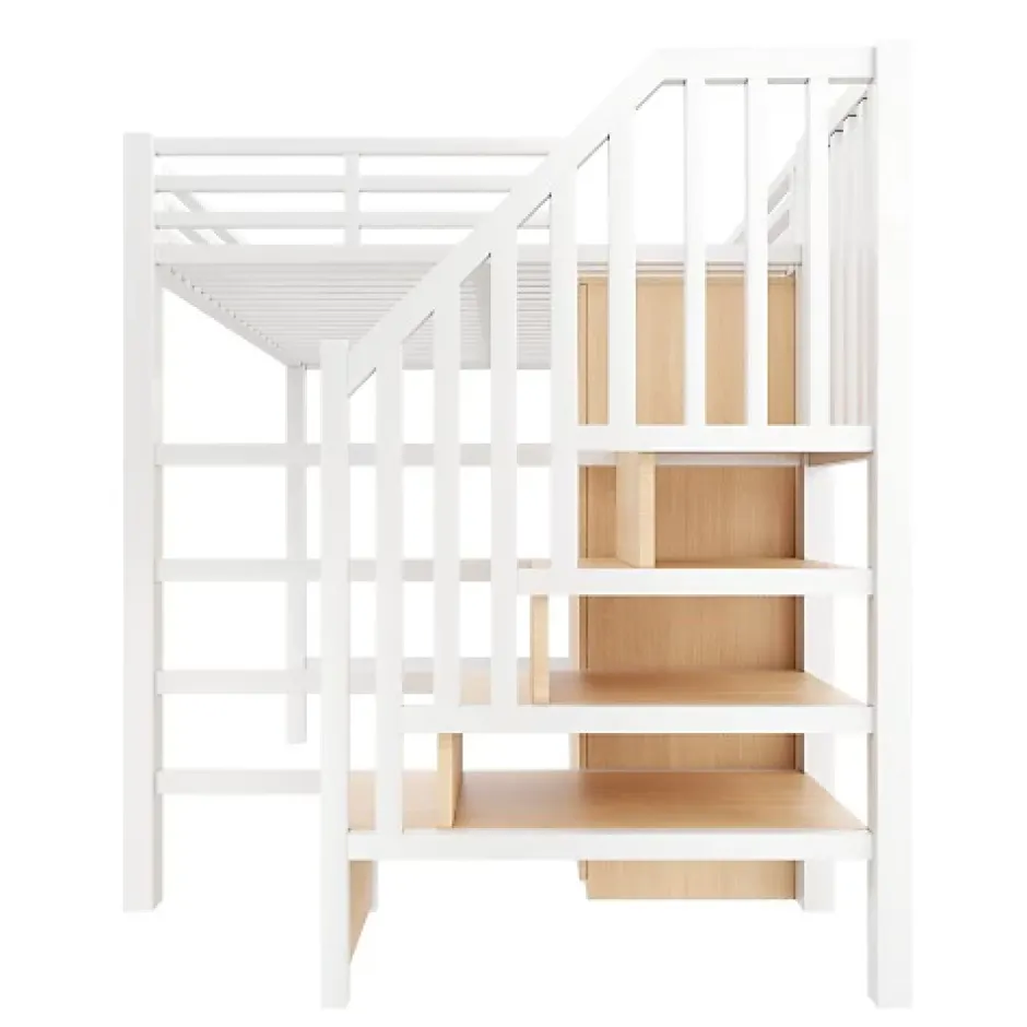 ModernLuxe Lit mezzanine en métal 140x200 cm - Éclairage LED - Bureau et penderie intégrés - Étagères et échelle de rangement - MDF - Blanc New