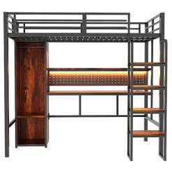 ModernLuxe Lit mezzanine en métal 90x200 cm avec escalier - armoire et bureau avec panneau perforé - avec LED - noir (sans matelas)