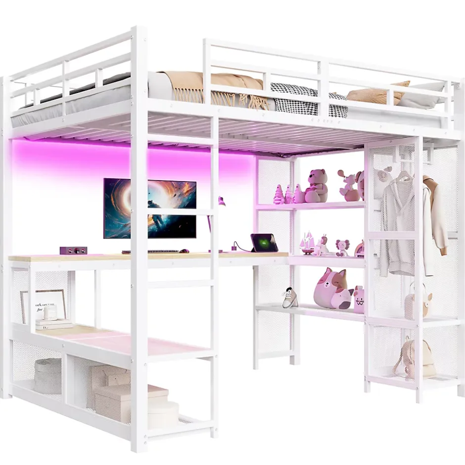 ModernLuxe Lit mezzanine en métal 140x200 cm - Avec bureau et étagères - Avec penderie ouverte - Port USB et LED - Blanc (sans matelas)