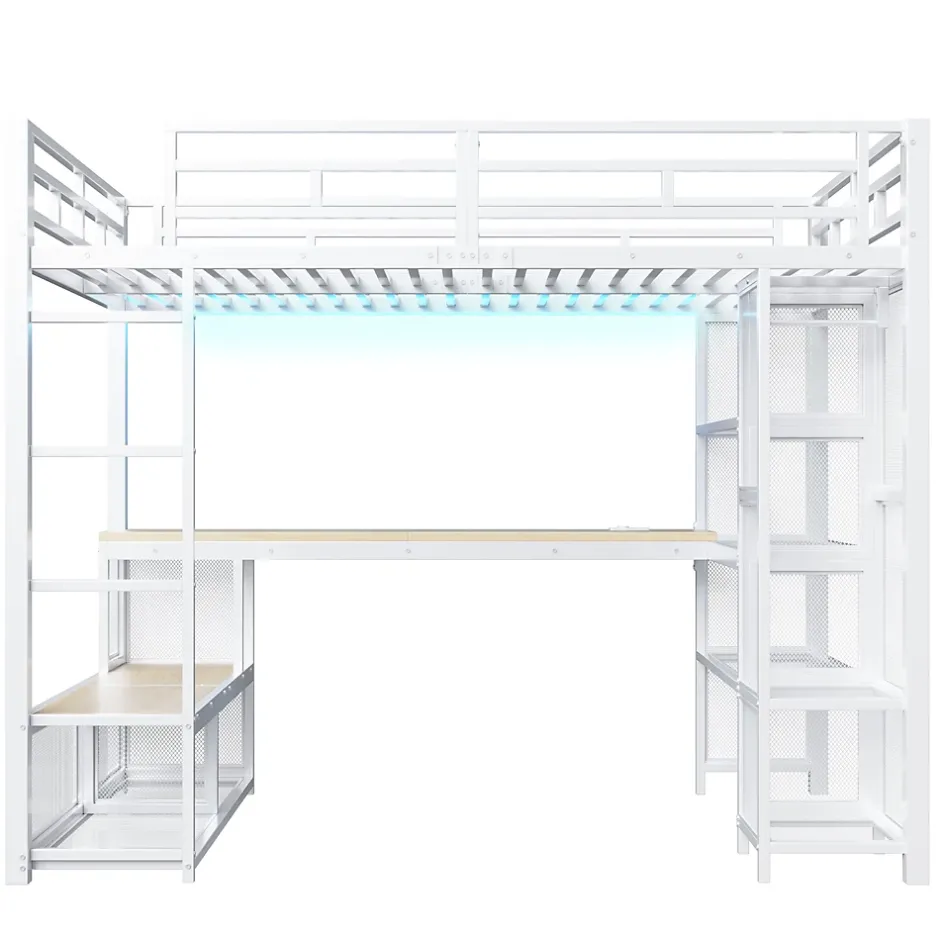 ModernLuxe Lit mezzanine en métal 140x200 cm - Avec bureau et étagères - Avec penderie ouverte - Port USB et LED - Blanc (sans matelas)
