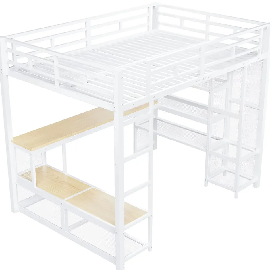 ModernLuxe Lit mezzanine en métal 140x200 cm - Avec bureau et étagères - Avec penderie ouverte - Port USB et LED - Blanc (sans matelas)