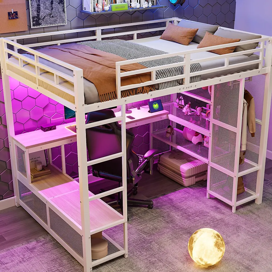 ModernLuxe Lit mezzanine en métal 140x200 cm - Avec bureau et étagères - Avec penderie ouverte - Port USB et LED - Blanc (sans matelas)