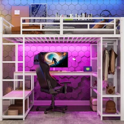 ModernLuxe Lit mezzanine en métal 140x200 cm - Avec bureau et étagères - Avec penderie ouverte - Port USB et LED - Blanc (sans matelas)