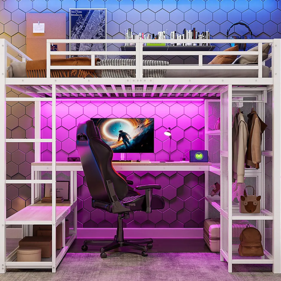 ModernLuxe Lit mezzanine en métal 140x200 cm - Avec bureau et étagères - Avec penderie ouverte - Port USB et LED - Blanc (sans matelas)
