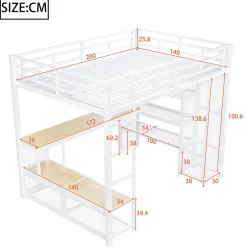 ModernLuxe Lit mezzanine en métal 140x200 cm - Avec bureau et étagères - Avec penderie ouverte - Port USB et LED - Blanc (sans matelas)