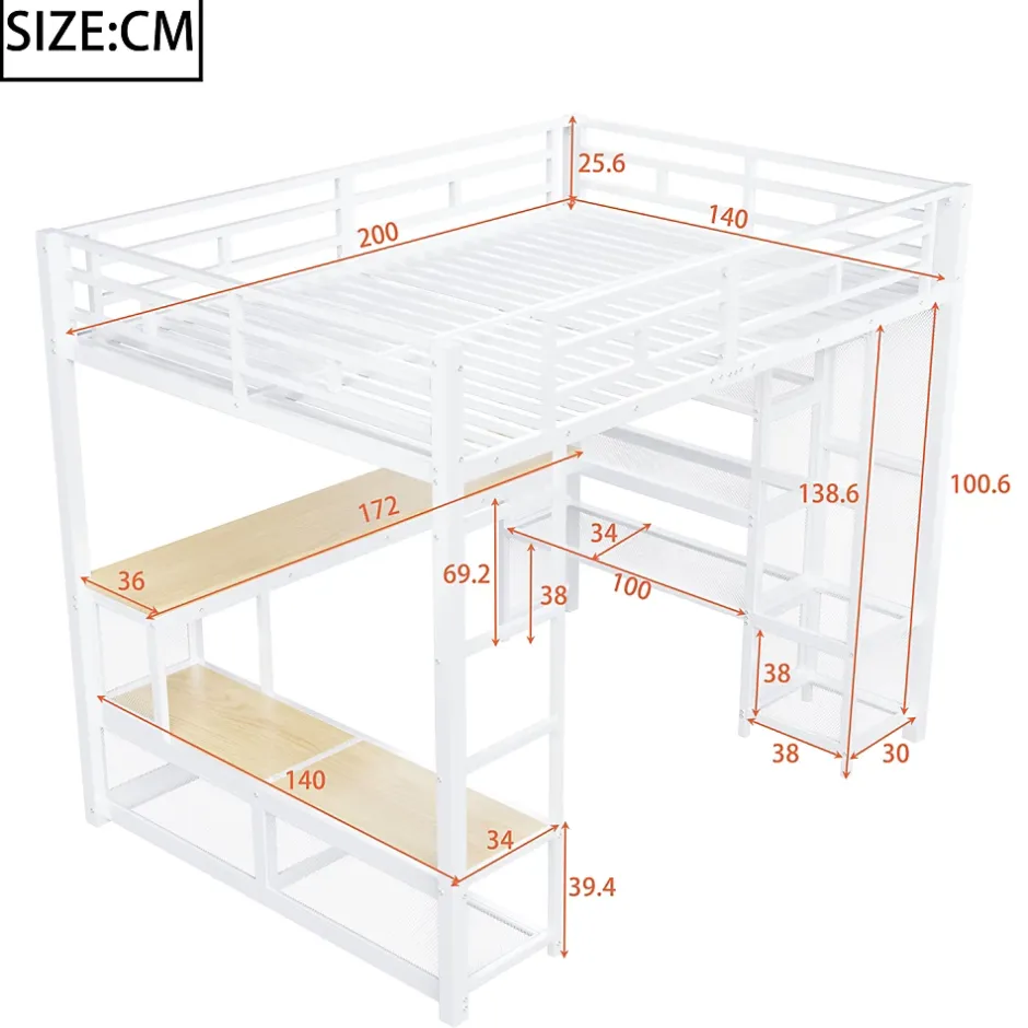 ModernLuxe Lit mezzanine en métal 140x200 cm - Avec bureau et étagères - Avec penderie ouverte - Port USB et LED - Blanc (sans matelas)