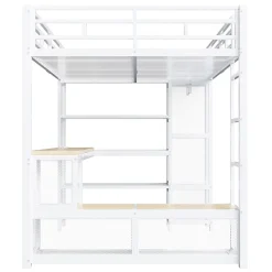 ModernLuxe Lit mezzanine en métal 140x200 cm - Avec bureau et étagères - Avec penderie ouverte - Port USB et LED - Blanc (sans matelas)