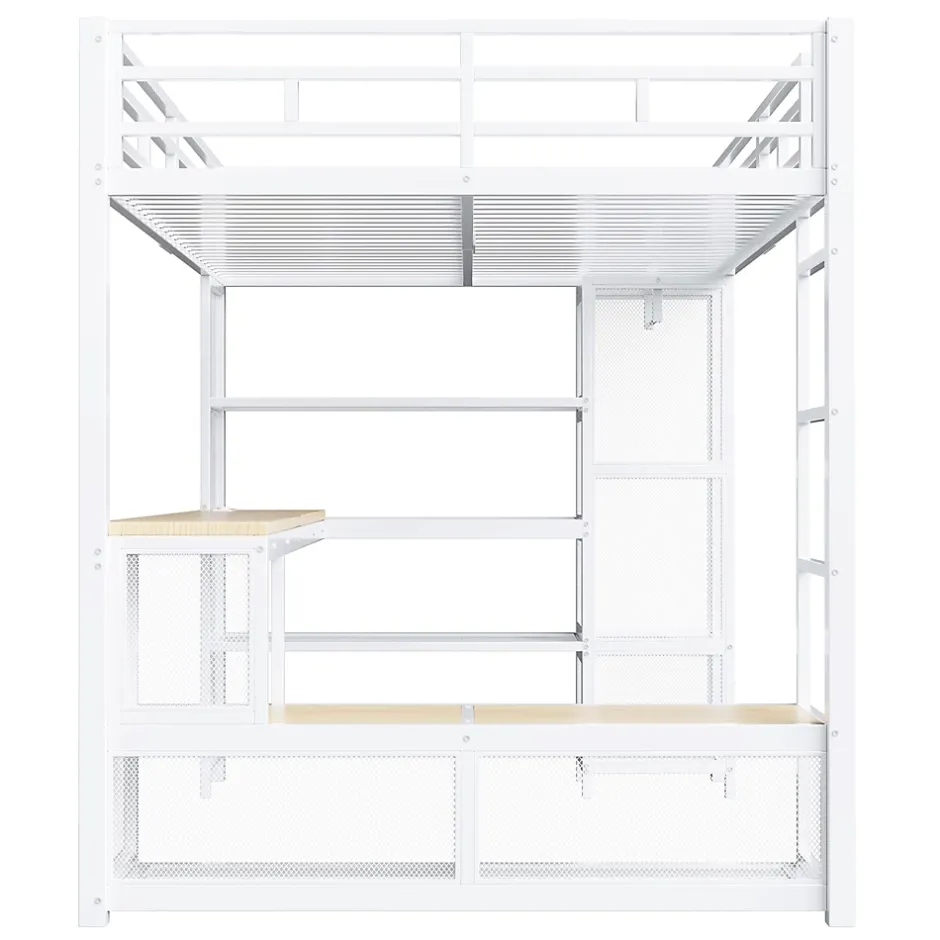 ModernLuxe Lit mezzanine en métal 140x200 cm - Avec bureau et étagères - Avec penderie ouverte - Port USB et LED - Blanc (sans matelas)