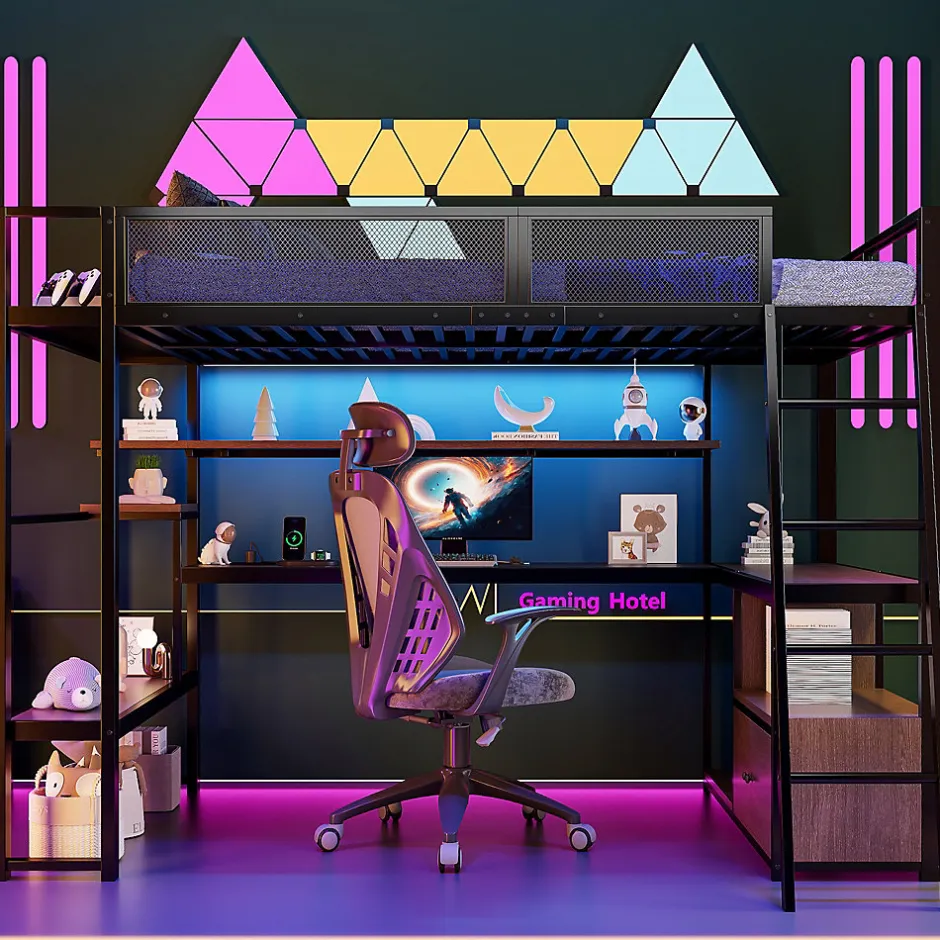 ModernLuxe Lit mezzanine en métal 140x200 cm - Avec LED - Bureau et étagère de rangement - Port USB - Noir (sans matelas)