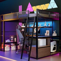ModernLuxe Lit mezzanine en métal 140x200 cm - Avec LED - Bureau et étagère de rangement - Port USB - Noir (sans matelas)