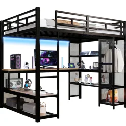 ModernLuxe Lit mezzanine en métal 140x200 cm - Avec LED - Bureau et étagère de rangement - Port USB - Noir (sans matelas)