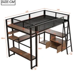 ModernLuxe Lit mezzanine en métal 140x200 cm - Avec LED - Bureau et étagère de rangement - Port USB - Noir (sans matelas)