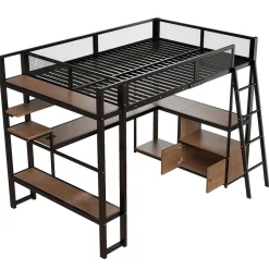ModernLuxe Lit mezzanine en métal 140x200 cm - Avec LED - Bureau et étagère de rangement - Port USB - Noir (sans matelas)