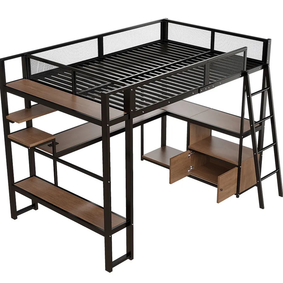 ModernLuxe Lit mezzanine en métal 140x200 cm - Avec LED - Bureau et étagère de rangement - Port USB - Noir (sans matelas)