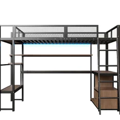 ModernLuxe Lit mezzanine en métal 140x200 cm - Avec LED - Bureau et étagère de rangement - Port USB - Noir (sans matelas)