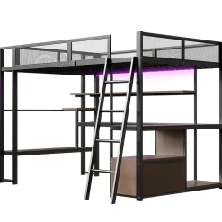 ModernLuxe Lit mezzanine en métal 140x200 cm - Avec LED - Bureau et étagère de rangement - Port USB - Noir (sans matelas)