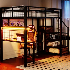 ModernLuxe Lit mezzanine en métal 90x200 cm avec LED - prise de recharge - échelle de rangement - étagères et bureau - noir (sans matelas)