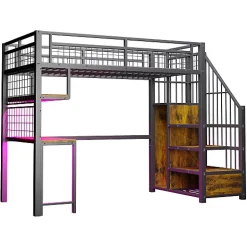 ModernLuxe Lit mezzanine en métal 90x200 cm avec LED - prise de recharge - échelle de rangement - étagères et bureau - noir (sans matelas)
