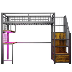 ModernLuxe Lit mezzanine en métal 90x200 cm avec LED - prise de recharge - échelle de rangement - étagères et bureau - noir (sans matelas)