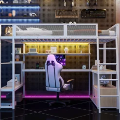ModernLuxe Lit mezzanine en métal 140x200 cm - Avec LED - Bureau et étagère de rangement - Port USB - Blanc (sans matelas) Hot