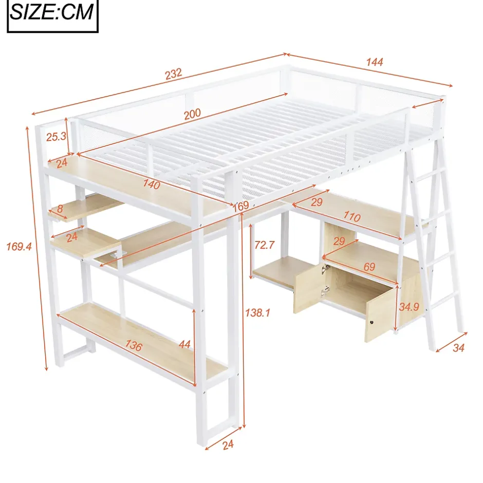 ModernLuxe Lit mezzanine en métal 140x200 cm - Avec LED - Bureau et étagère de rangement - Port USB - Blanc (sans matelas) Hot