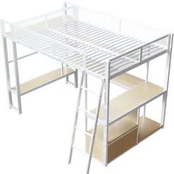 ModernLuxe Lit mezzanine en métal 140x200 cm - Avec LED - Bureau et étagère de rangement - Port USB - Blanc (sans matelas) Hot
