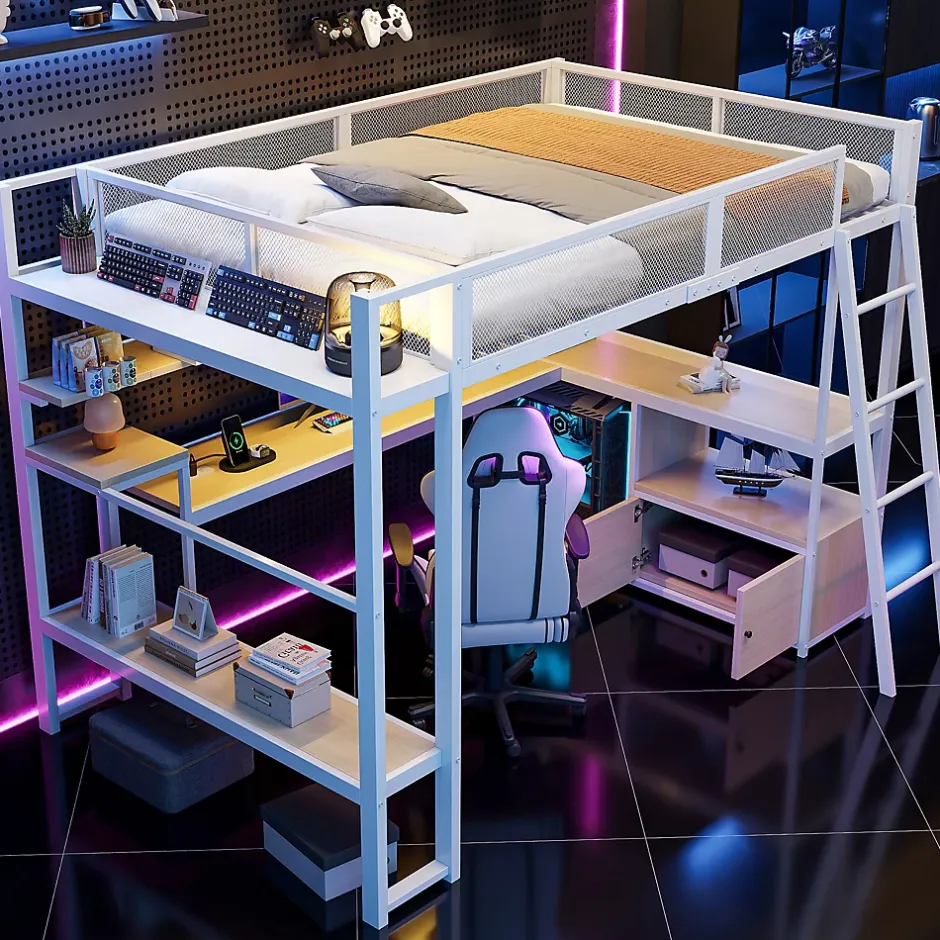 ModernLuxe Lit mezzanine en métal 140x200 cm - Avec LED - Bureau et étagère de rangement - Port USB - Blanc (sans matelas) Hot