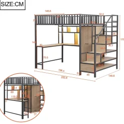 ModernLuxe Lit mezzanine en métal 140x200 cm avec LED - avec étagères - armoire+tiroir - échelle de rangement - noir (sans matelas)
